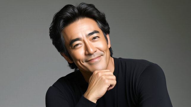 ダンディーな中年のアジア人男性の笑顔の広告撮影。大人の魅力が伝わるファッションポートレート。