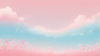 Pastel Sky Dreamscape: Soft pink and blue hues paint a dreamy landscape, where fluffy clouds drift lazily above a field of delicate pink flowers.