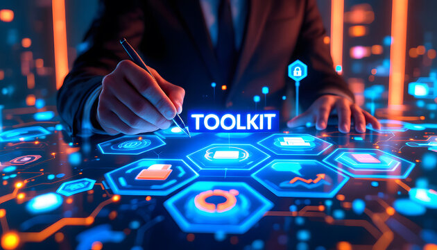 Digital Toolkit Technology Concept, Cybersecurity Tools and Resources, Business Technology Solutions Interface