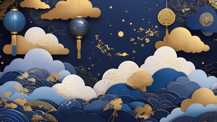 Celestial Celebration:  A whimsical paper-cut design in rich blue and gold hues evokes the spirit of a joyous celebration, with clouds, lanterns.
