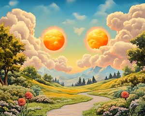 fantasy worlds multiverse, Vibrant Fantasy Landscape with Dual Suns