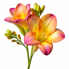 Fototapeta premium A freesia flower isolated on a transparent background, showcasing its elegant petals in vibrant shades of yellow, pink, or purple.
