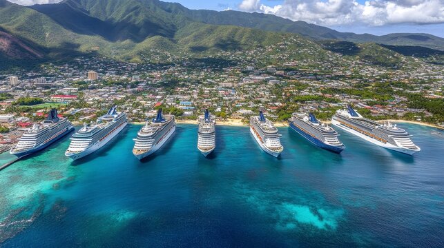 Aerial view of multiple cruise ships docked at a tropical port city with mountains in the background.