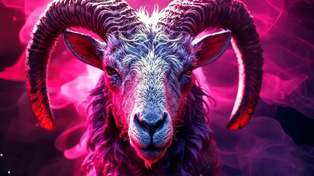 Ram in Pink Haze: A powerful and evocative image of a ram's head, bathed in a mystical pink haze, captivating with its intense gaze and intricate details.  