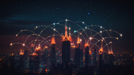 Fototapeta premium Abstract businesswoman stands on the peak of success Smart digital city with connection cyber security network reciprocity over the cityscape future wireless digital city and social media networking