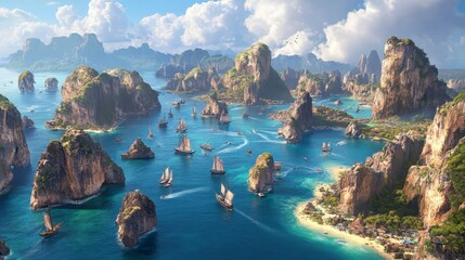 Aerial view of numerous sailing ships navigating a tropical archipelago with dramatic limestone karsts, clear turquoise waters, and sandy beaches.