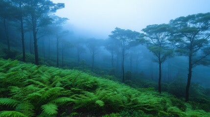 Misty forest scene with lush ferns and tall trees on a hillside.