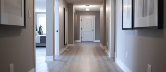 Stylish modern apartment hallway with elegant room doors and bathroom access highlighting contemporary real estate design elements