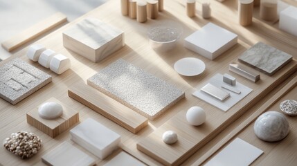 Abstract composition of diverse materials and textures arranged on a wooden surface showcasing design elements for creative projects.