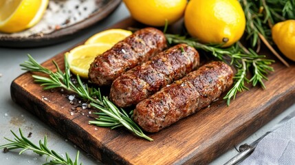 Savory meat croquettes garnished with fresh rosemary and lemon slices on a rustic wooden cutting board.