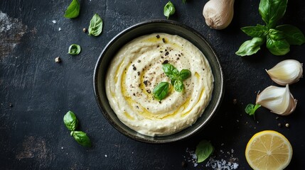 Creamy mayonnaise in a dark bowl garnished with basil leaves, garlic, lemon, and olive oil on a rustic black background