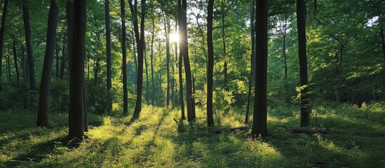 Naklejka premium Enchanting forest sunlight illuminating trees creating a tranquil atmosphere for leisure moments and relaxation in nature.