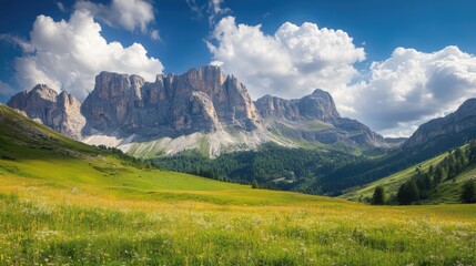 Obraz premium Dolomite Mountains Scenic Landscape with Lush Green Meadows and Dramatic Cloudy Sky