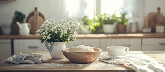 Fototapeta premium Bright and airy modern kitchen with rustic decor showcasing fresh flowers, a dough bowl, sugar, and a cup of tea on a wooden countertop