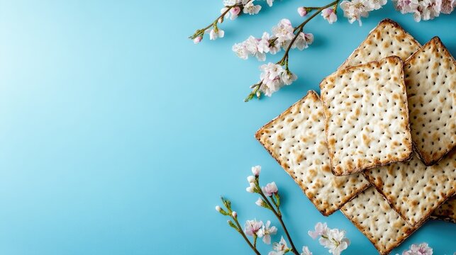 Matzo bread arranged with spring flowers on a vibrant blue background showcasing fresh and festive elements. Ideal for seasonal themes.