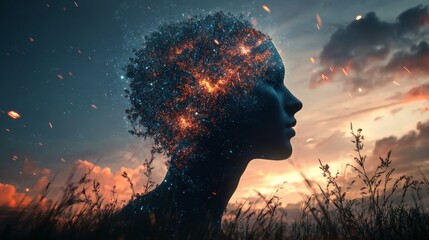 Abstract surreal art of a woman's face with a tree growing out of her head.  The fiery image represents the power of nature and the interconnectedness of all things.