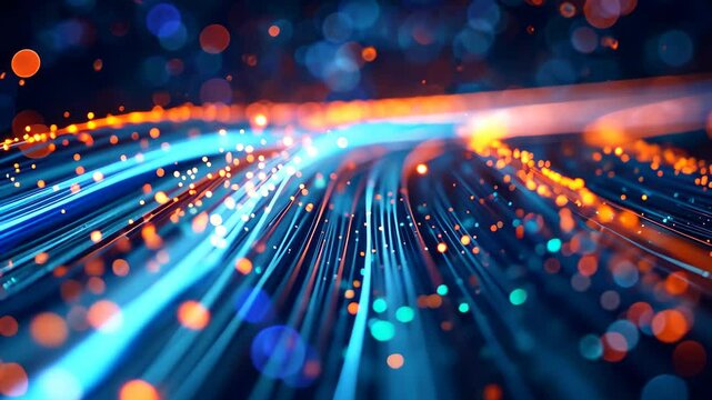 A videograph capturing the blurred movements of blue and orange lights, An video symbolizing network traffic flowing in abstract form