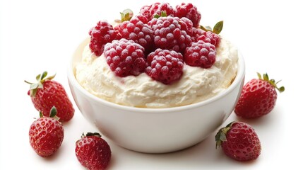 Delicious mascarpone dessert topped with fresh wild strawberries and raspberries served in a white...