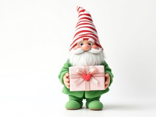 Gnome holding a gift box with heart. Perfect for Valentine's day or romantic themes.