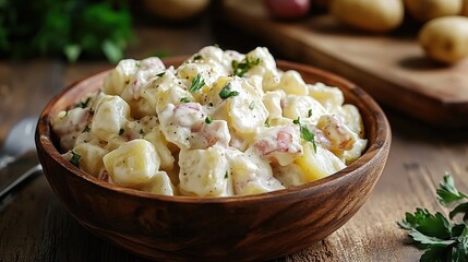 Creamy potato salad with herbs and vegetables served in a wooden bowl on a rustic table setting