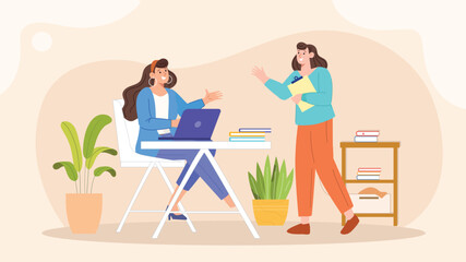 An illustration of a collaborative office project discussion, showing a diverse group of professionals gathered around a table or in a meeting room