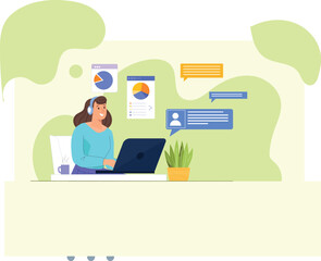 An illustration of a data-driven business communication strategy, featuring a team analyzing charts, graphs, and digital dashboards on screens