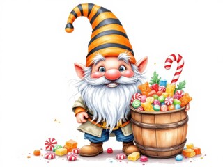 Gnome with a barrel of sweets, festive and fun. Can be used for holiday or celebration designs.
