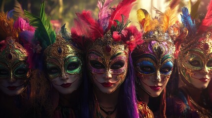 Vibrant masks adorned with feathers and jewels create a captivating scene during a festive carnival celebration