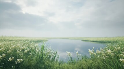Fototapeta premium Serene meadow landscape with pond and sea under cloudy sky creating a tranquil and peaceful nature scene for relaxation and inspiration