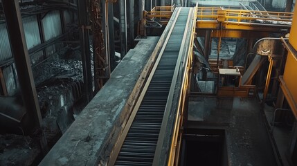 Fototapeta premium Industrial material transfer conveyor system in a manufacturing facility with warehouse backdrop and operational machinery for efficient logistics.