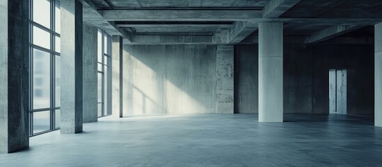 Obraz premium Minimalist apartment interior with rough concrete finishes and spacious layout perfect for modern design and architectural inspiration