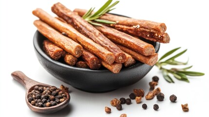 Masala sticks arranged artfully in a bowl with spices on white background showcasing traditional Indian flavors and culinary heritage