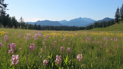 Obraz premium Vibrant meadow filled with orchid flowers and mountains in the background under clear blue skies