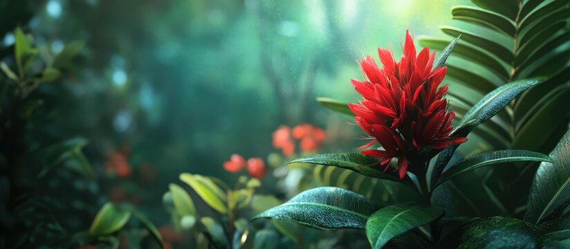 Fototapeta Vibrant red tropical flower amidst lush green foliage in a serene nature setting showcasing biodiversity and tranquility.