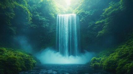 Serene waterfall cascading down lush green cliffs, mist creating ethereal ambiance.