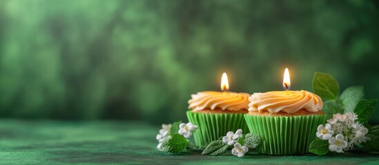 Mini cupcakes with lit candles on green backdrop for anniversary celebration with floral accents and copy space for personalized message