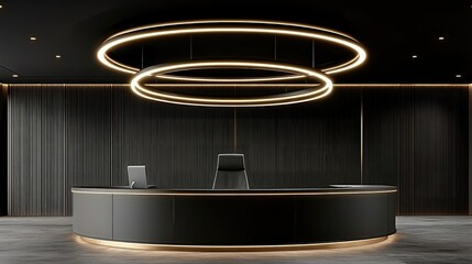 Modern dark reception desk with circular LED lights and wood paneling.