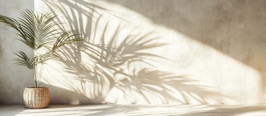 Elegant palm shadow casting on a textured plaster wall creating a luxurious atmosphere perfect for summer architectural displays and interiors