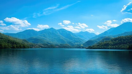 Obraz premium Scenic lake surrounded by majestic mountains under a bright blue sky ideal for travel and nature enthusiasts.