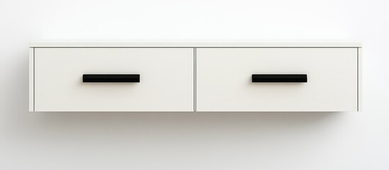 Contemporary white wooden hanging cabinets with sleek black handles for modern home decor and organization.