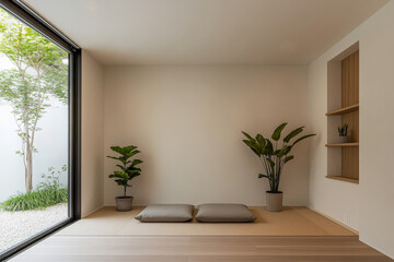Fototapeta premium Relaxing minimalist interior design with indoor plants and natural light