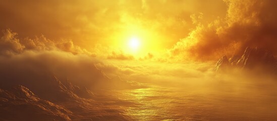 Obraz premium Morning mist and fog with a rising sun casting golden light over a serene landscape in cold weather.
