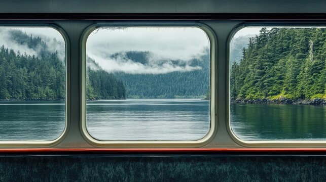 Fototapeta Scenic view from ferryboat window showcasing tranquil waters and lush greenery in Inside Passage landscape