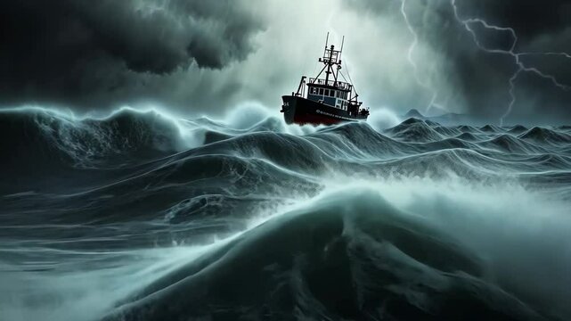 A sturdy boat braving the stormy waves and choppy waters of an ocean with dark clouds overhead, An intense storm battering a stoic fishing ship on a raging sea
