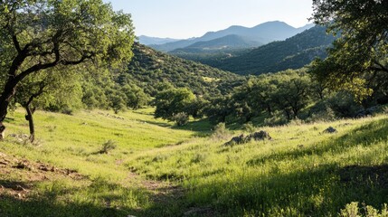 Obraz premium Scenic view of meadows and mountains from a circular hike near Umes village surrounded by lush greenery and tranquil nature.