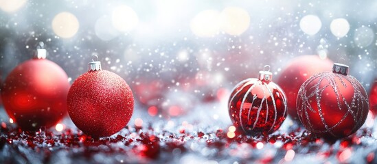 Fototapeta premium Festive Christmas and New Year banner featuring red ornaments and cheerful decorations against a sparkling winter background
