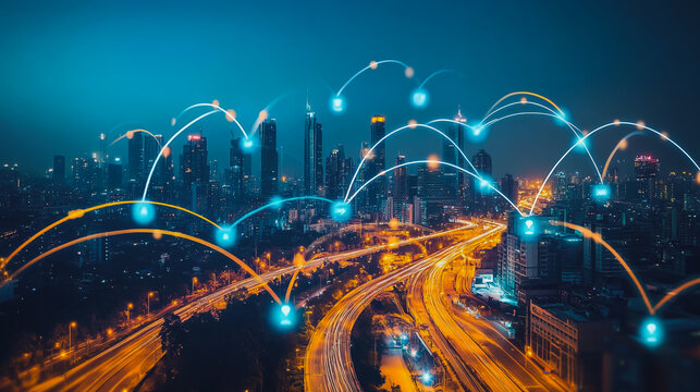 Abstract businesswoman stands on the peak of success Smart digital city with connection cyber security network reciprocity over the cityscape future wireless digital city and social media networking