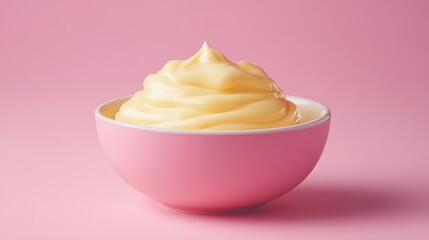 Creamy mayonnaise sauce in a pink bowl on a soft pink background with a smooth and inviting texture ideal for culinary themes