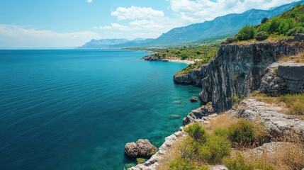 Fototapeta premium Coastal View of Ancient City Ruins Surrounded by Lush Greenery and Clear Blue Waters on a Sunny Day