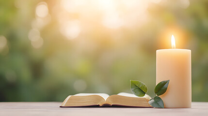 An image featuring a Bible and prayer, illuminated with bright colors, symbolizing spiritual devotion and faith. The scene conveys a sense of tranquility and reverence, capturing the essence of prayer